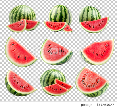 Set of fresh and juicy watermelon and slices isolated on white transparent background 135263027