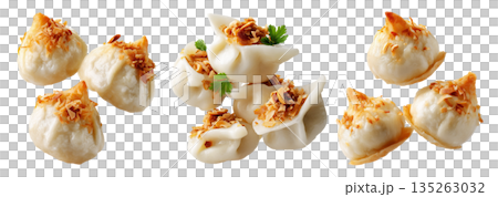 Banana coconut rice balls topped with toasted almonds, isolated on white background, concept of Micronesia Asian dessert Banana coconut rice balls topped with toasted almonds, isolated on white background, concept of Micronesia Asian dessert 135263032