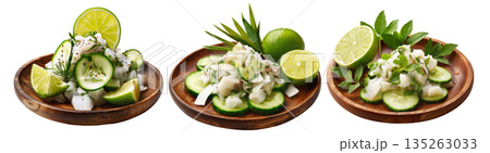 Ika Mata raw fish salad from the Cook Islands with seafood, lime, cucumber, and coconut, isolated on white background 135263033