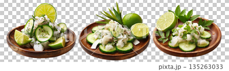 Ika Mata raw fish salad from the Cook Islands with seafood, lime, cucumber, and coconut, isolated on white background 135263033
