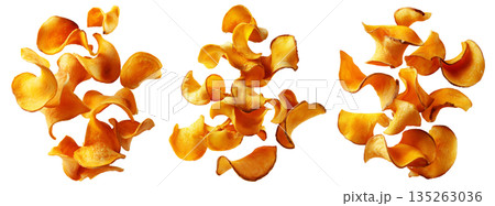 Kumara sweet potato chips isolated on white transparent background, representing healthy New Zealand snack food concept Kumara sweet potato chips isolated on white transparent background, representing healthy New Zealand snack food concept 135263036