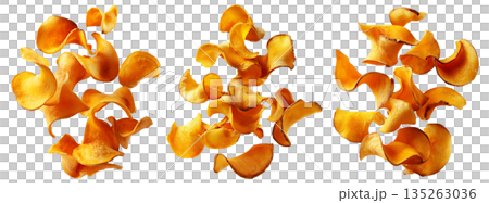 Kumara sweet potato chips isolated on white transparent background, representing healthy New Zealand snack food concept Kumara sweet potato chips isolated on white transparent background, representing healthy New Zealand snack food concept 135263036