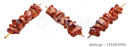 Anticuchos grilled beef meat skewer isolated on white transparent background, concept of South American barbecue cuisine 135263044