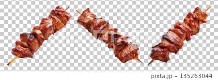 Anticuchos grilled beef meat skewer isolated on white transparent background, concept of South American barbecue cuisine 135263044