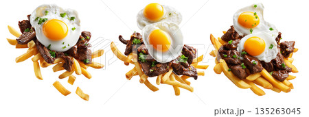 Chorillana beef fried with eggs garnished and herbs, street food isolated on white background. South American Cuisine Chorillana beef fried with eggs garnished and herbs, street food isolated on white background. South American Cuisine 135263045