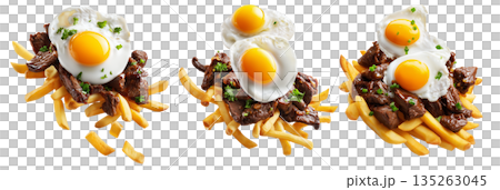 Chorillana beef fried with eggs garnished and herbs, street food isolated on white background. South American Cuisine Chorillana beef fried with eggs garnished and herbs, street food isolated on white background. South American Cuisine 135263045