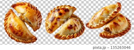 Argentina and Uruguay empanadas stacked in a pyramid, golden baked crust, meat and potato filling, isolated on white background Argentina and Uruguay empanadas stacked in a pyramid, golden baked crust, meat and potato filling, isolated on white background 135263046