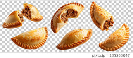 Argentina and Uruguay empanadas stacked in a pyramid, golden baked crust, meat and potato filling, isolated on white background Argentina and Uruguay empanadas stacked in a pyramid, golden baked crust, meat and potato filling, isolated on white background 135263047