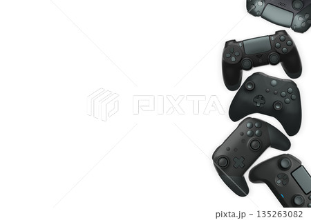 Wireless gaming controllers flying in air isolated on white background, symbolizing gaming technology concept 135263082