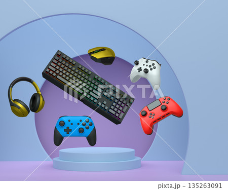 Gaming keyboard, mouse, controllers, and headphones floating above podium on abstract pastel background, symbolizing games Gaming keyboard, mouse, controllers, and headphones floating above podium on abstract pastel background, symbolizing games 135263091