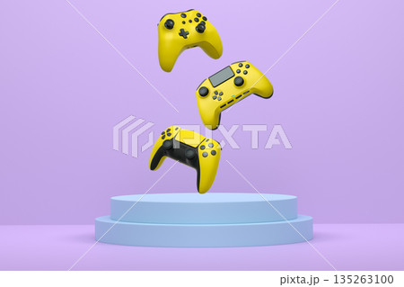 Colorful gaming controllers joystick levitating over podium against abstract background, minimalist concept device on pedestal 135263100