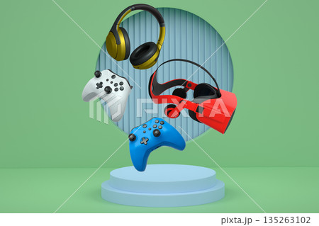 Game controllers, headphones and VR headset floating above pedestal, minimal style, abstract background, concept of gaming Game controllers, headphones and VR headset floating above pedestal, minimal style, abstract background, concept of gaming 135263102