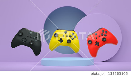Colorful gaming controllers joystick levitating over podium against abstract background, minimalist concept device on pedestal Colorful gaming controllers joystick levitating over podium against abstract background, minimalist concept device on pedestal 135263106
