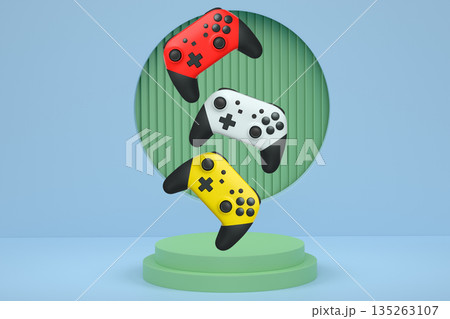 Colorful gaming controllers joystick levitating over podium against abstract background, minimalist concept device on pedestal Colorful gaming controllers joystick levitating over podium against abstract background, minimalist concept device on pedestal 135263107