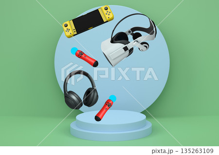 Floating gaming devices like VR headset, controllers, and headphones over podium on abstract background. Concept of modern gaming 135263109