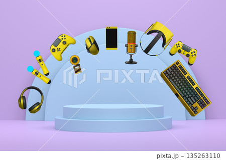 Multiple gaming devices and accessories floating above podium against abstract background, concept of modern gaming tech 135263110