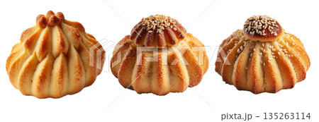 Set of Maamoul traditional sesame covered pastry, cookies powdered with sugar on white background. Concept of baked dessert food 135263114