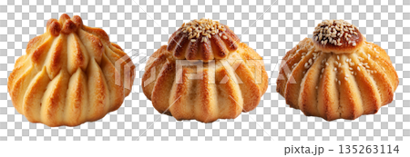 Set of Maamoul traditional sesame covered pastry, cookies powdered with sugar on white background. Concept of baked dessert food 135263114