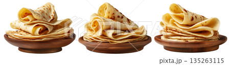 Set of Yemeni malawah flaky buttery bread baked round flatbreads with toasted spots stacked in pile, isolated on white background 135263115