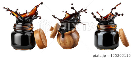 Set of Egyp Molasses black syrup jar splashing from a polished jar, isolated on white background, concept of Arabic Cuisine 135263116