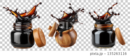 Set of Egyp Molasses black syrup jar splashing from a polished jar, isolated on white background, concept of Arabic Cuisine 135263116