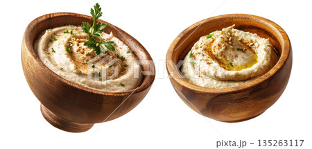 Set of Mutabbal creamy baba ganoush roasted eggplant puree with tahini and lemon garnished with parsley and olive oil on white 135263117