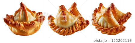 Set of Sambousek small crescent baked dumpling with twisted and pinched crust with cheese or meat, isolated on white background 135263118