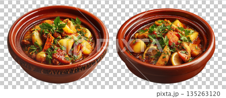 Set of Wooden bowl filled with fluffy couscous, roasted zucchini, peppers, carrots, and herbs on white transparent background Set of Wooden bowl filled with fluffy couscous, roasted zucchini, peppers, carrots, and herbs on white transparent background 135263120