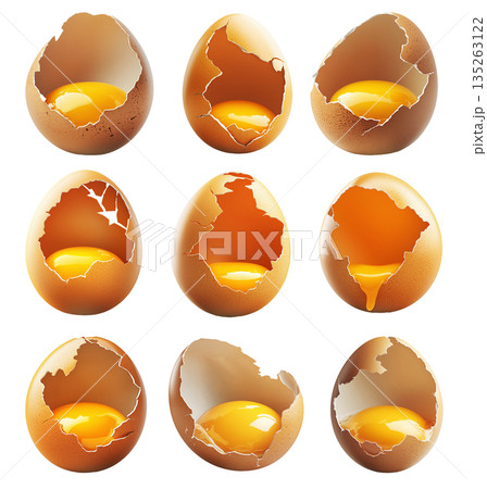 Close-up of cracked brown egg with yolk inside eggshell, isolated on white transparent background. Close-up of cracked brown egg with yolk inside eggshell, isolated on white transparent background. 135263122