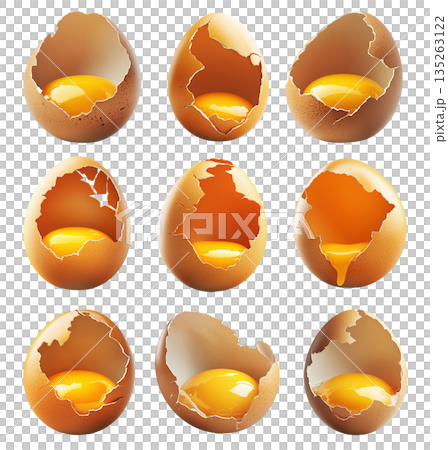 Close-up of cracked brown egg with yolk inside eggshell, isolated on white transparent background. Close-up of cracked brown egg with yolk inside eggshell, isolated on white transparent background. 135263122