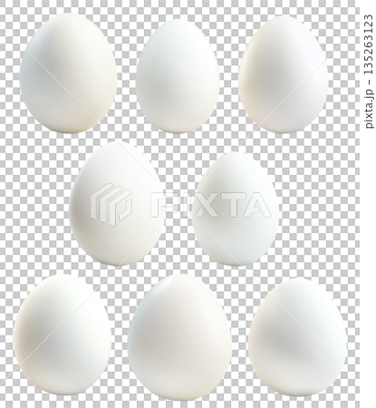 Single white egg with smooth texture isolated on white transparent background. Concept of food and ingredients Single white egg with smooth texture isolated on white transparent background. Concept of food and ingredients 135263123