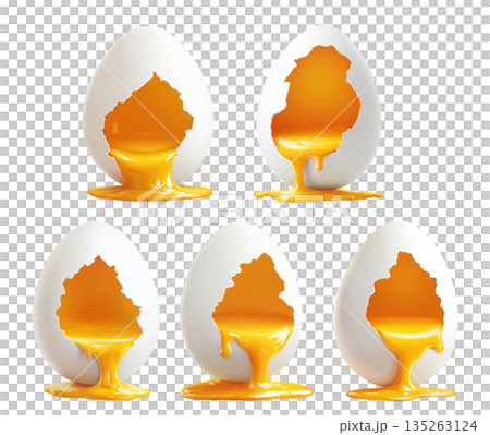 Close-up of cracked white egg with yolk inside eggshell, isolated on white transparent background. 135263124