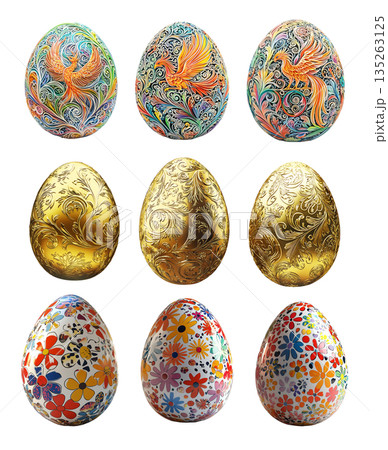 Decorative Easter egg with vibrant phoenix motif, featuring intricate swirling patterns isolated on white background Decorative Easter egg with vibrant phoenix motif, featuring intricate swirling patterns isolated on white background 135263125