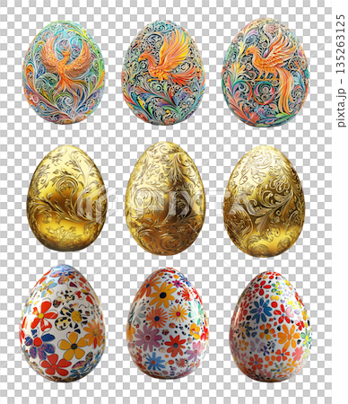 Decorative Easter egg with vibrant phoenix motif, featuring intricate swirling patterns isolated on white background Decorative Easter egg with vibrant phoenix motif, featuring intricate swirling patterns isolated on white background 135263125