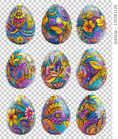 Decorative Easter egg with intricate floral patterns in vibrant colors isolated on white transparent background. Decorative Easter egg with intricate floral patterns in vibrant colors isolated on white transparent background. 135263126