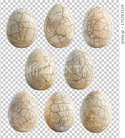 Large cracked dinosaur chicken egg with textured surface and detailed fractures isolated on white transparent background Large cracked dinosaur chicken egg with textured surface and detailed fractures isolated on white transparent background 135263129