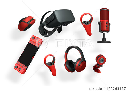 Gaming accessories including VR headset, controllers, mouse, headphones, and mic isolated on white background with clipping path Gaming accessories including VR headset, controllers, mouse, headphones, and mic isolated on white background with clipping path 135263137