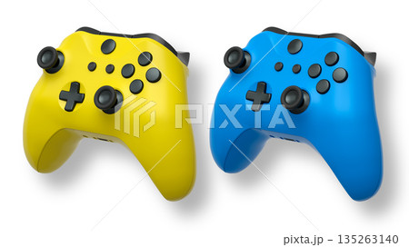Wireless gaming controllers flying in air isolated on white background, symbolizing gaming technology concept 135263140