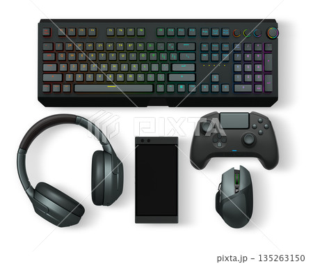 Gaming keyboard, mouse, controller, headset, and smartphone isolated on white background, concept of modern digital gaming gear Gaming keyboard, mouse, controller, headset, and smartphone isolated on white background, concept of modern digital gaming gear 135263150