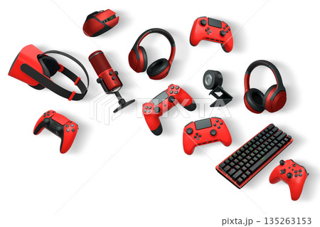 Gaming accessories like controllers, VR headset, headphones, keyboard, and microphone on white background with clipping path 135263153