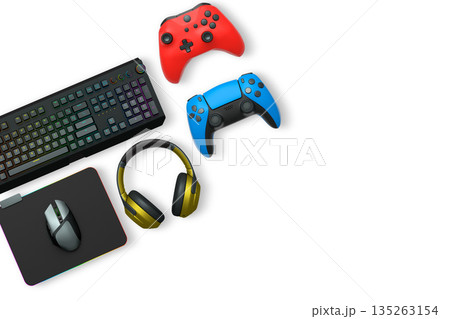 Gaming keyboard, mouse, controller, headset, and smartphone isolated on white background, concept of modern digital gaming gear 135263154