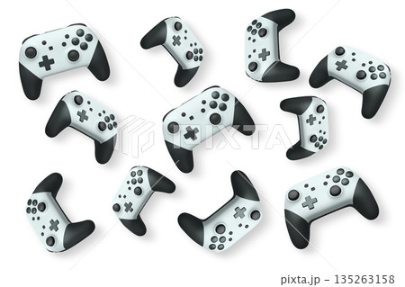 Wireless gaming controllers flying in air isolated on white background, symbolizing gaming technology concept Wireless gaming controllers flying in air isolated on white background, symbolizing gaming technology concept 135263158