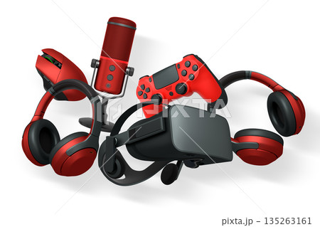 Collection of gaming accessories including headset, controller, microphone, and VR gear on white background with clipping path Collection of gaming accessories including headset, controller, microphone, and VR gear on white background with clipping path 135263161