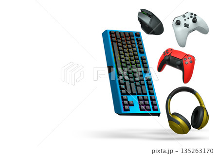 Gaming headset, console controller, ergonomic mouse, and RGB keyboard isolated on white background with clipping path 135263170