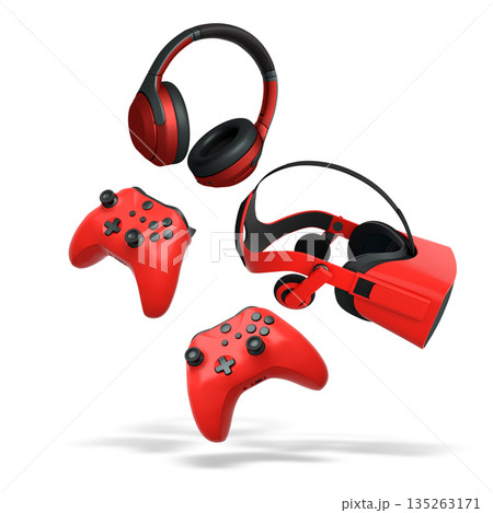 Gaming controllers, VR headset, and headphones floating in mid-air, on white background clipping path, gaming and tech accessories 135263171