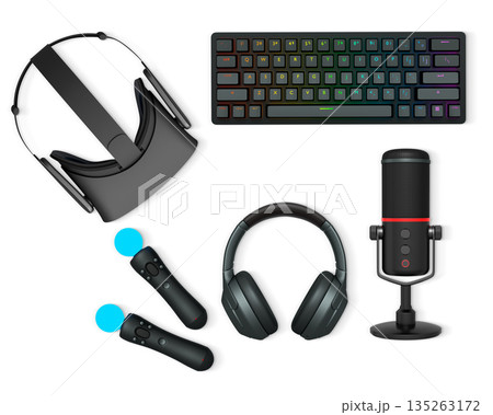Gaming accessories including VR headset, RGB keyboard, headphones, and microphone shown isolated on white background 135263172