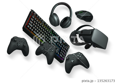 Gaming keyboard with RGB lighting, controllers, VR headset, mouse and headphones isolated on white background with clipping path 135263173