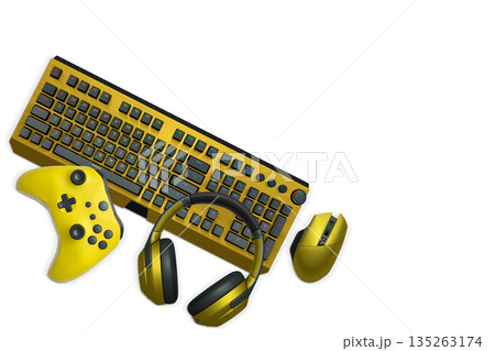 Gaming mouse, controller, RGB keyboard and headphones displayed in flat lay style isolated on white background with clipping path. 135263174