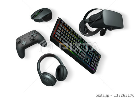 Collection of gaming accessories like headset, mouse, controller, keyboard, and VR gear on white background with clipping path 135263176