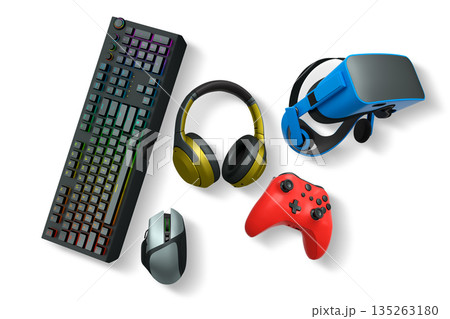 Collection of gaming accessories like headset, mouse, controller, keyboard, and VR gear on white background with clipping path 135263180